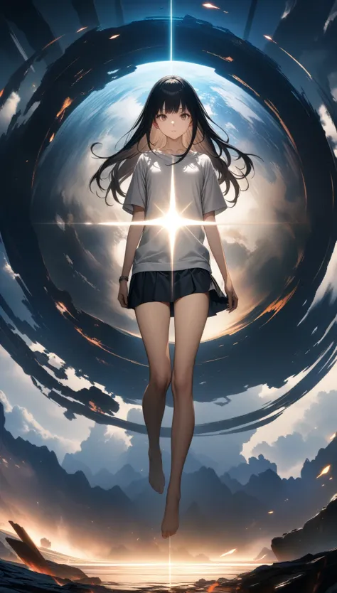 32k, best quality, ultra high res, HDR, UHD, extremely detailed CG, unity 32k wallpaper, Visible through the white shirt (((masterpiece, highest quality)), No pants, 1 girl, alone, White Background, Black Hair, Long Hair, Absolute area, skirt, ((whole body...