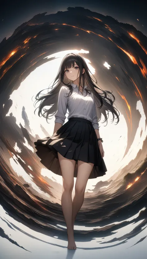 32k, best quality, ultra high res, HDR, UHD, extremely detailed CG, unity 32k wallpaper, Visible through the white shirt (((masterpiece, highest quality)), No pants, 1 girl, alone, White Background, Black Hair, Long Hair, Absolute area, skirt, ((whole body...