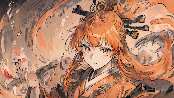 (((masterpiece,highest quality))),1 Female, Alone with orange hair,Long Hair,(Japanese style:1.4),princess,(Healing),night,Very long sleeves,Super detailed face, Super detailed eyes,Super detailed field,Super detailed hand