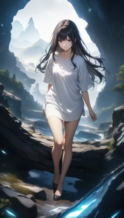 32k, best quality, ultra high res, HDR, UHD, extremely detailed CG, unity 32k wallpaper, Visible through the white shirt (((masterpiece, highest quality)), No pants, 1 girl, alone, White Background, Black Hair, Long Hair, Absolute area, skirt, ((whole body...