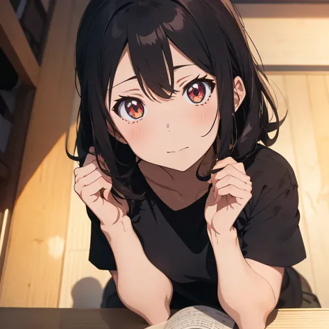 (( in kyoto animation style , )), (( pov, detailed face, guilt face, black tee, girl, )), lying, hands up, (( perfect anatomy, )), , (masterpiece, best quality, ultra detailed, ),