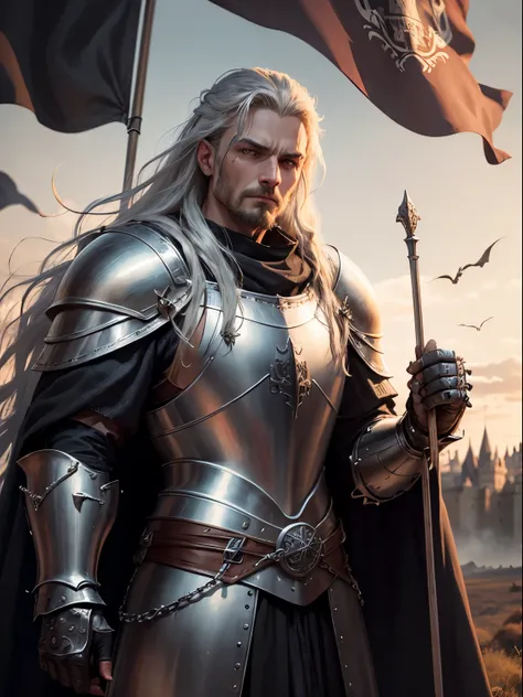 A medieval knight, silver long hair, robust, grim expression, clad in a chain armour, blood in the armour, standing on a battlefield, castle visible at a distance, dusklight, flag fluttering in the horizon, ​masterpiece, top-quality, extra detailed face
