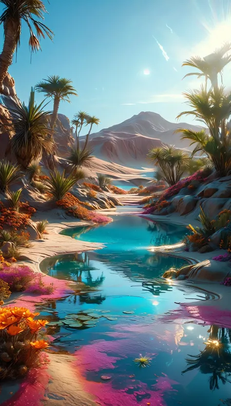 create an awe-inspiring scene of an alien oasis on a desert planet, rendered in highly detailed digital art with 4k and 8k resol...