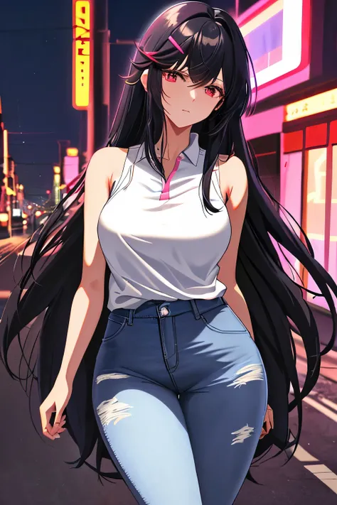 lacus4, (20-year-old woman, solo, slender figure, black hair, red eyes, black hoodie, white polo shirt underneath, dark jeans), (masterpiece, standing, arms crossed, 4K, Best Quality, Anime style: 1.9, mature, (ultra detailed head), (urban alley, neon ligh...