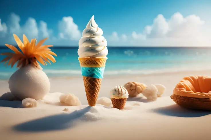 "/prefer suffix --ar 3:2 --q 2 --v 5.1" ice cream cone on a tropical beach with crystal clear water and white sand, palmeiras,