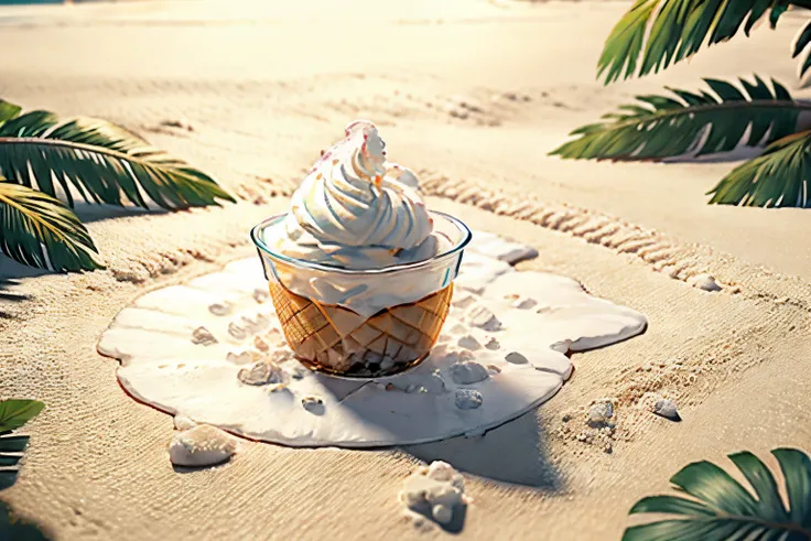 "/prefer suffix --ar 3:2 --q 2 --v 5.1" ice cream cone on a tropical beach with crystal clear water and white sand, palmeiras,