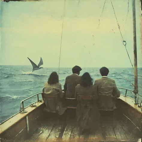 grainy, polaroid, 35mm vintage, super realistic old polaroid-photo, old camera, low quality, thick shading, 4 young adults on a sail-boat cruise over the Atlantic ocean, looking towards mystery flying pterordactyl creature in sky
