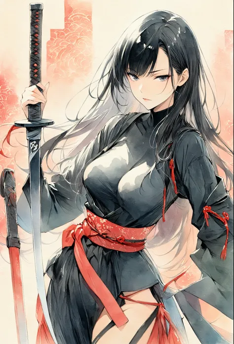masterpiece, Best quality, Drawing of a black-haired futuristic female ninja illustration, watercolor (medium), 1girl, breast, Dressed in sophisticated modern ninja costumes,Equipped with traditional and technological weapons. She has long black hair,Tied ...