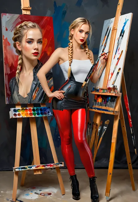 sexy cyborg woman, full-length, standing, beautiful face, expressive eyes, red lips, French braid, blonde hair, oil paints, self-portrait, easel, paintbrushes, art studio, natural lighting, vibrant colors, detailed brushstrokes, realistic rendering, profes...