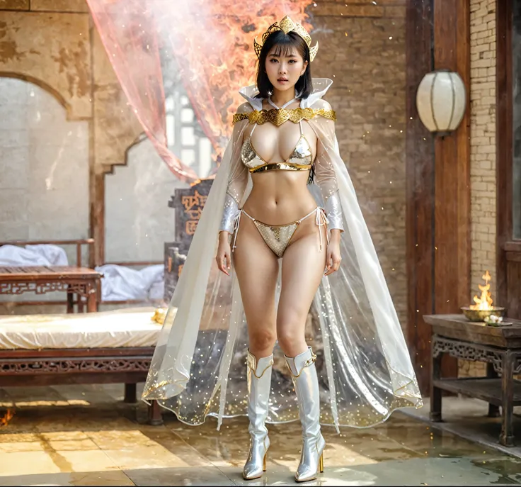 Chinese Princess，Short hair girl, Strong sexual desire，Burning with desire, White and gold bikini is almost transparent，see-through clothing，almost naked, Huge breasts，Long-legged girl, Wear metallic white boots, long cloak