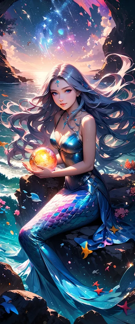 A beautiful mermaid with flowing,iridescent scales and long,flowing hair. She is sitting on a rock by the sea under the moonlight,surrounded by gentle waves and sparkling sea creatures.,(Style: Classic fantasy, realistic),(Details: Long hair, iridescent sc...