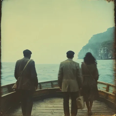 side-view, perspectivegrainy, polaroid, 35mm vintage, scary, horror-movie, 4 young adults disembarking boat on mysterious island, skull-island, hyperborea, mystery island