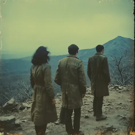 side-view, perspective, grainy, polaroid, 35mm vintage, scary, horror-movie, 4 young adults exploring hyperborea, mystery island, tundra, jungle, dinosaur