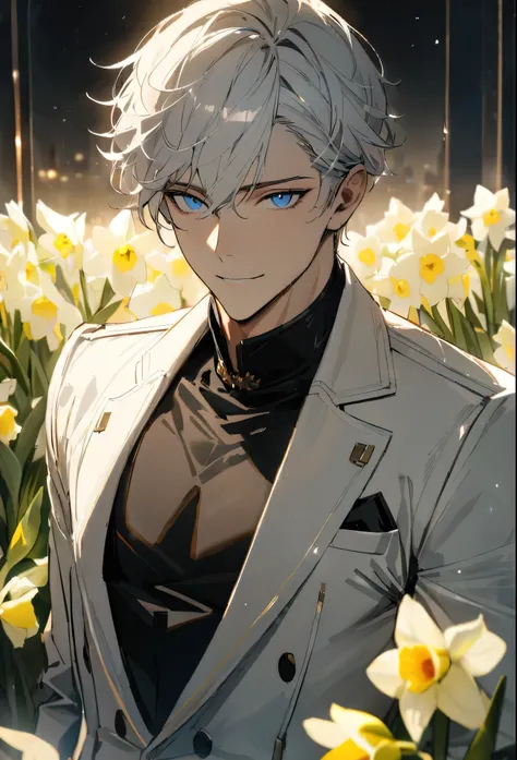 (masterpiece:1.5)，best quality，(1 Handsome and calm man)，alone，white short hair，(blue eyes), (Mysterious smile)，perfect face，white trench coat，Black shirt，Luxurious clothing details，Slightly muscular body，High，8K，Beautiful contrast of light and shadow，((Da...