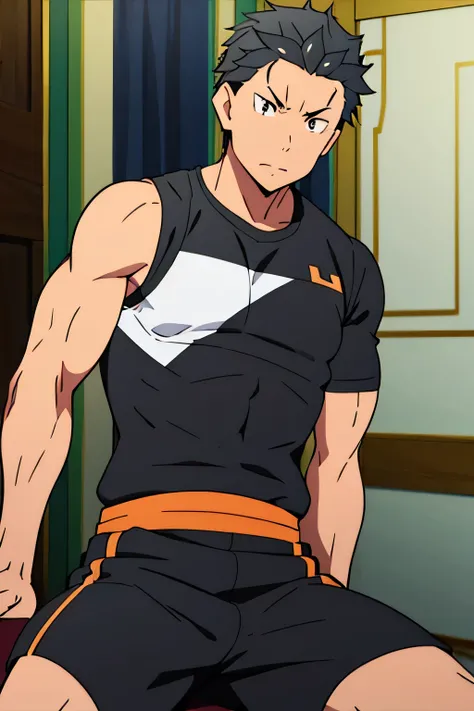 Subaru is sitting and flexing his biceps. He wears black shorts. You can see his thighs. He looks stoic and serious. He has bulging veins on his arms. He wears a black tshirt with short sleeves. His sleeve is completely rolled up so you can see his entire ...