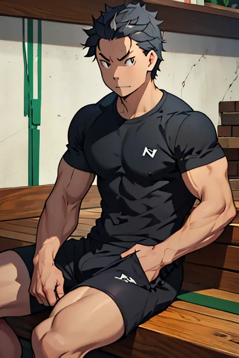 subaru is sitting and flexing his biceps. he wears black shorts. you can see his thighs. he looks stoic and serious. he has bulg...