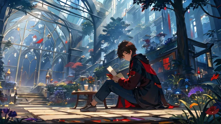 Young man, faint brown hair, hazel eyes, light white skin, cherry lips, slight smile, black shirt, red jacket, blue jeans, red sneakers, reading a book, slender physique, sitting in a garden, an expansive green space, tree shadows, a sea of ​​red and purpl...