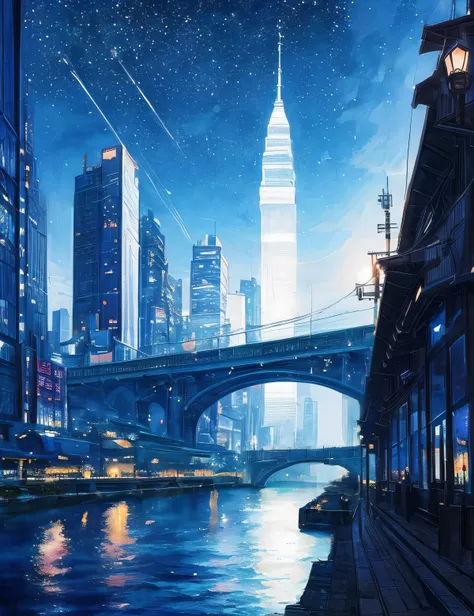 Met、Painting of a river with stars and moon in the sky、Met、Shining skyscraper、Shine overall、skyscraper、Concept art inspired by Tosa Mitsuoki、pixiv contest winners、highest quality、Fantasy art、Beautiful anime scene、Bright Moon、Moonlight Star Environment、Drea...