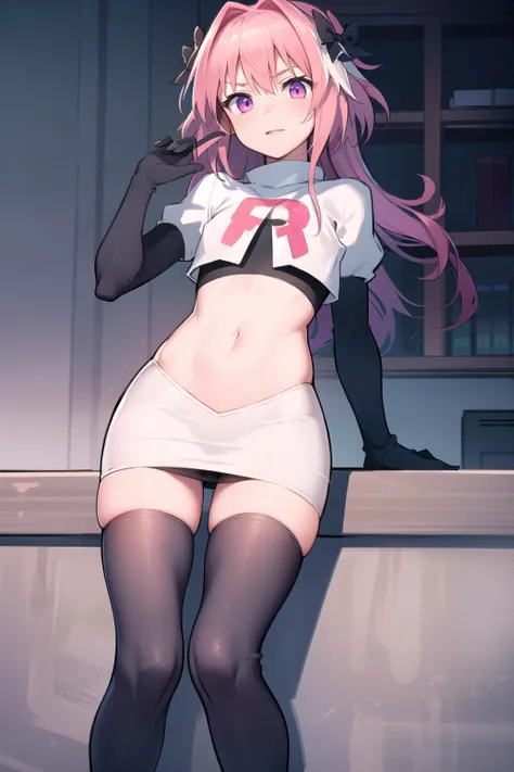 absurdres, masterpiece, best quality, astolfo fate,1boy, male focus, trap, pink multicolored hair, pink hair, white hair, hair intakes, long hair, pink detailed eyes, crossdressing,1boy, team rocket,team rocket uniform,white skirt,red letter R,crop top,bla...