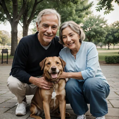 old couple looking at the camera happy and smiling , with a dog , enjoying the moment in a park,, hyper realistic , realistic human, realistic animal, realistic details, hyperrealistic photo