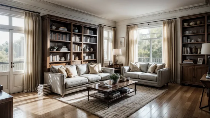 The late afternoon light falls on the ridges of the curtain, casting a golden hue on the polished wooden floor. Each plank is carefully varnished, giving the room a feeling of warmth and welcome. In the center of the room, a spacious and inviting sofa awai...