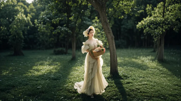 there is a woman in a dress and hat holding a basket, inspired by Thomas Stothard, inspired by Pierre Auguste Cot, by Alexey Venetsianov, inspired by Konstantin Somov, inspired by Jean-Honoré Fragonard, monia merlo, romanticism portrait, a maid in a magica...