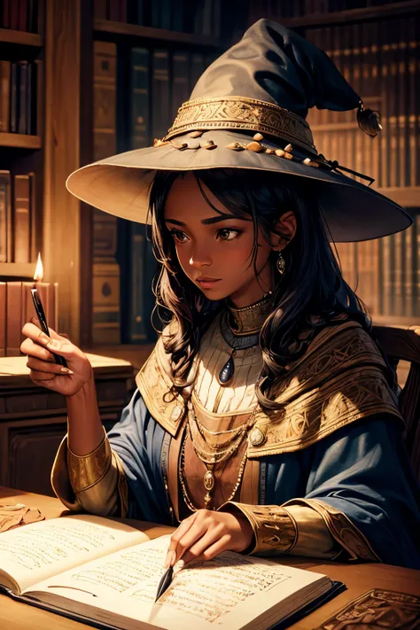 a woman with black skin, brown eyes, short straight brown hair, wearing a wizard hat, writing in a medieval library, detailed portrait, photorealistic, masterpiece, high quality, realistic lighting, warm color tones, intricate details, dramatic cinematic c...