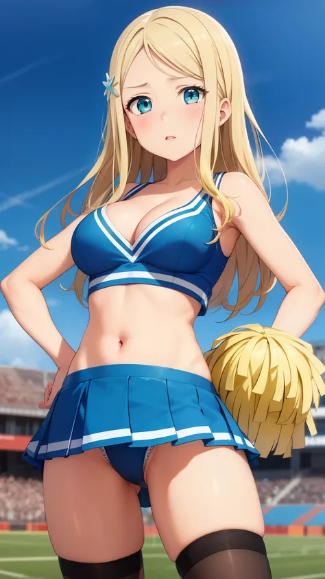 masterpiece, best quality, highly detailed, ultra high res, ayase arisa, 1girl, solo, hair ornament, long blonde hair, glossy lips, medium breasts, aqua eyes, school field, cheerleader, one eyebrow raised, hands on hips, cleavage, midriff, thigh highs