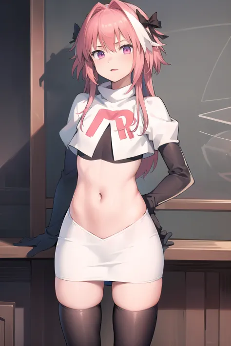 absurdres, masterpiece, best quality, astolfo fate,1boy, male focus, trap, pink multicolored hair, pink hair, white hair, hair intakes, long hair, pink detailed eyes, crossdressing,1boy, team rocket,team rocket uniform,white skirt,red letter R,crop top,bla...