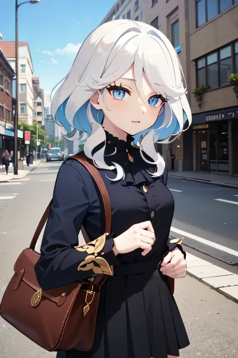 ((best quality)), ((masterpiece)), (detailed), perfect face. Asian girl. White hair. Blue eyes. Casual outfit. City. Small breast.