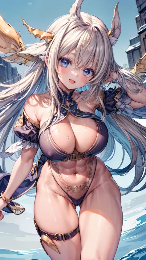 Very detailed、highest quality、Best image quality、masterpiece、8k、Cowboy Shot、Sparkling Blue Eyes、Anime Face、A kind smile、Open Mouth、(Blonde hair)、(SFW Giant)、(Front view:1.3)、(Exposed)、(thong:1.5)、(leaning forward:1.5)