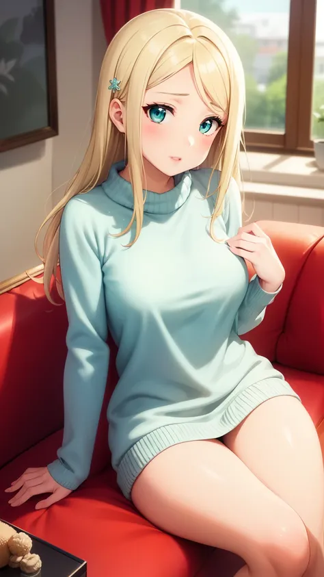 masterpiece, best quality, highly detailed, ultra high res, ayase arisa, 1girl, solo, hair ornament, long blonde hair, glossy lips, medium breasts, aqua eyes, indoors, sofa, sitting, knit sweater