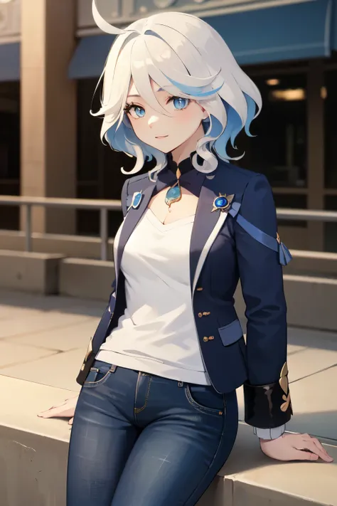 ((best quality)), ((masterpiece)), (detailed), perfect face. Asian girl. White hair. Blue eyes. Jacket jeans. City. Small breast.