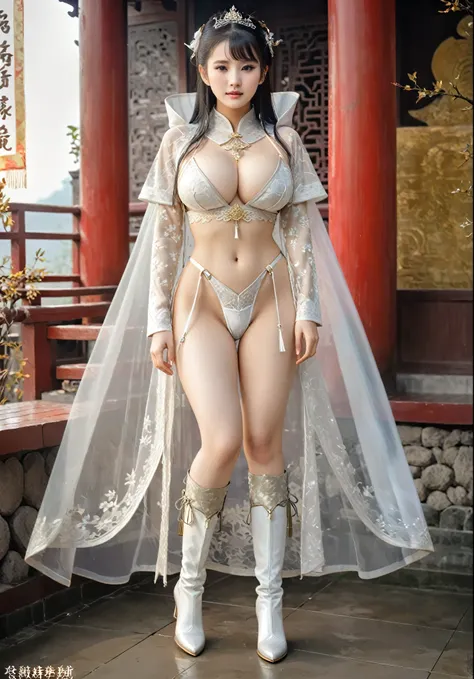 Chinese Hanfu princess，Short hair girl, Strong sexual desire，Burning with desire, Platinum lace underwear is almost transparent，see-through clothing，almost naked, Huge breasts，Long-legged girl, Wear metallic white boots, long cloak