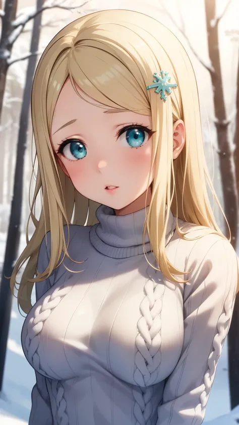 masterpiece, best quality, highly detailed, ultra high res, ayase arisa, 1girl, solo, hair ornament, long blonde hair, glossy lips, medium breasts, aqua eyes, snowy forest, knit sweater dress