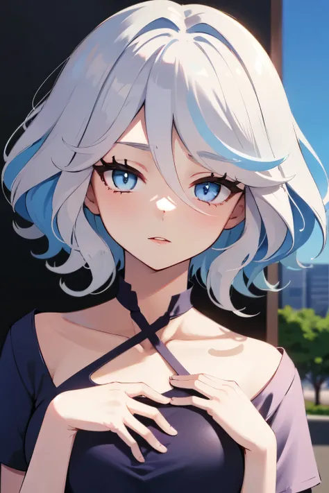 ((best quality)), ((masterpiece)), (detailed), perfect face. Asian girl. White hair. Blue eyes. Pink t-shirt. City. Small breast.