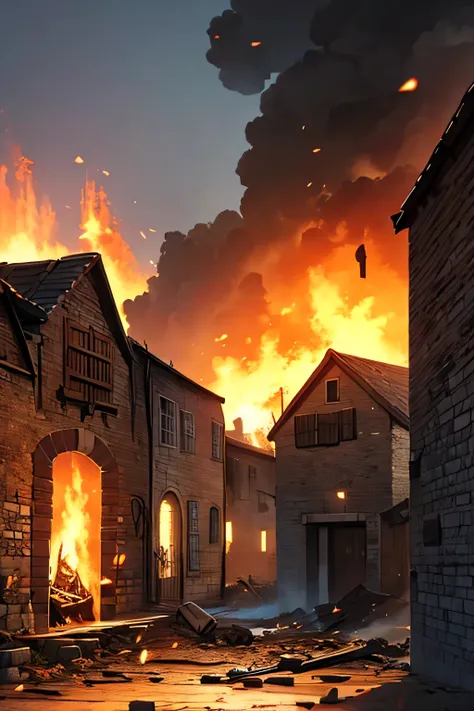 Medieval village on fire, Destruction, rubble, animation style.. 