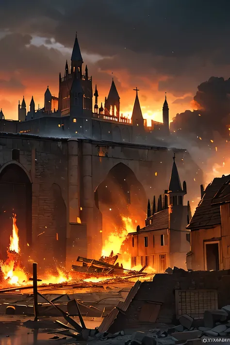 Medieval village on fire, Destruction, rubble, animation style.. 