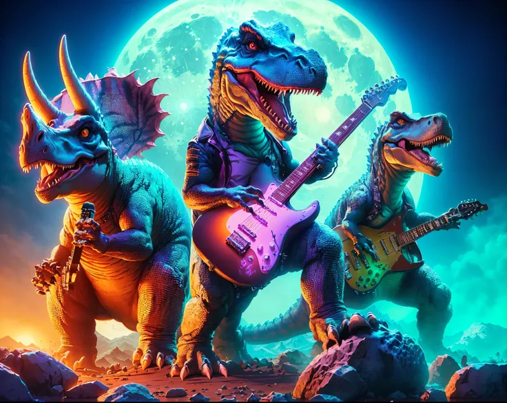 there are three dinosaurs playing guitar in front of a full moon, background artwork, by Wayne England, epic retrowave art, synthwave art, inspired by Adam Rex, by Randy Gallegos, dinosaurs, 3 d epic illustrations, jurassic image, synthwave art style, synt...