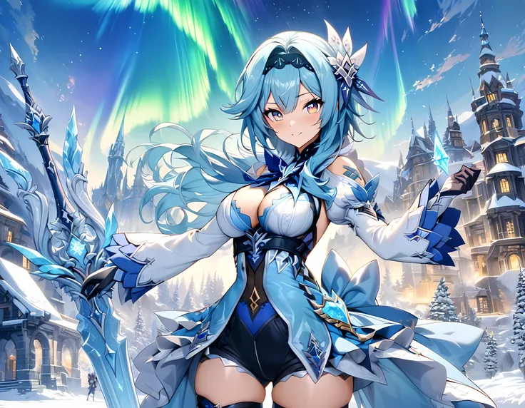 (masterpiece), best quality, expressive eyes, perfect face,1girl,eula,genshin impact,((blue and white magical girl costume:1.5)),big breasts,(hair flower),outdoors,[[ice greatsword]],thighigh boots,light blue hair,cleavage,looking at viewer,smiles, eyeshad...