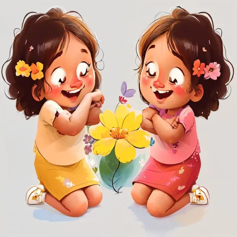 cartoon of two little girls sitting on the ground with a flower, adorable digital painting, children illustration, cute digital art, cartoon digital painting, children book illustration, childrens illustration, cute detailed digital art, childrenbook illus...