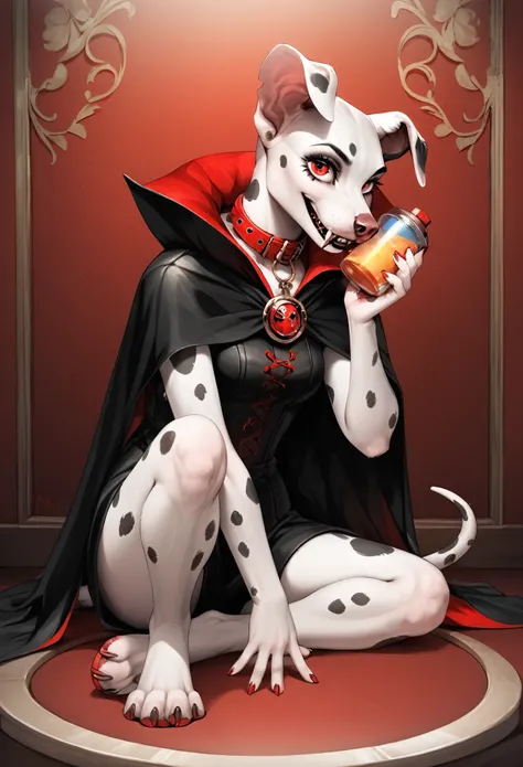score_9, score_8_up, score_7_up, score_6_up, detailed background, anthro, furry, female, dog, Dalmatian, dolly_d, white fur color, red vampire eyes, collar, animal ears, tail, ((sitting, pretty eyes, raising one paw, looking straight ahead, happy)) (park, ...