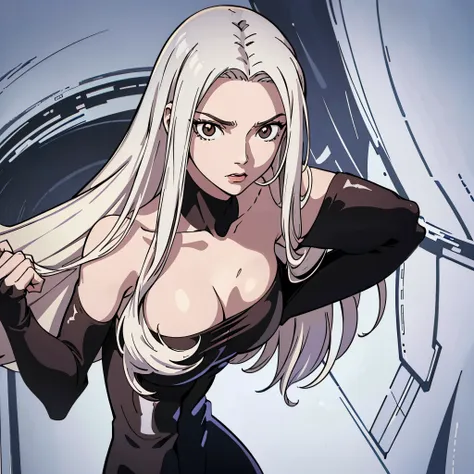 digital art drawing, illustration of (woman, long white hair mid part, brown eyes, sexy facial expression, black clothes, expose...