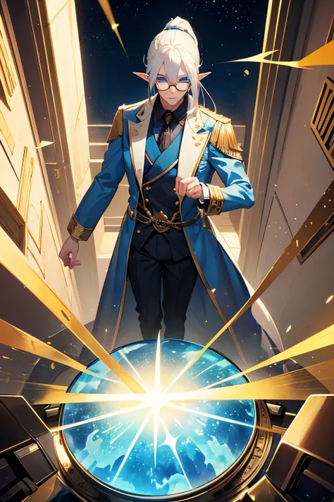 a man in his 30s, albino with blue Eyes, ((golden glasses)), blue overcoat, elf ears, ponytail hair, eletric powers, warlord