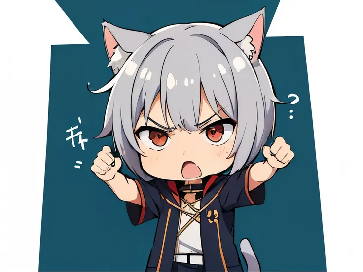 (chibi:1.3)，(Get angry)，whole body，after that，masterpiece, A world where magic and technology coexist, Cat Eared Man(Gray Hair, short hair) ，boy，Hone your skills，Let&#39;s go on a journey to uncover the secrets of power., Beautiful Eyes，depicted in detail....