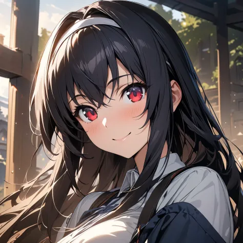 (masterpiece),(best quality),(ultra-detailed),(best illustration),(best shadow),(absurdres),(detailed background),(very aesthetic), 1girl, solo,  kasumigaoka utaha, black hair, hairband, red eyes, long eyes, breasts, smile, portrait, very close-up, , 