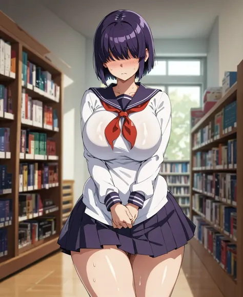 library、bookshelf、standing posture、1 female、(black purple hair、short hair)、(sailor suit、skirt)、ultra-detailed illustrations、ultr...