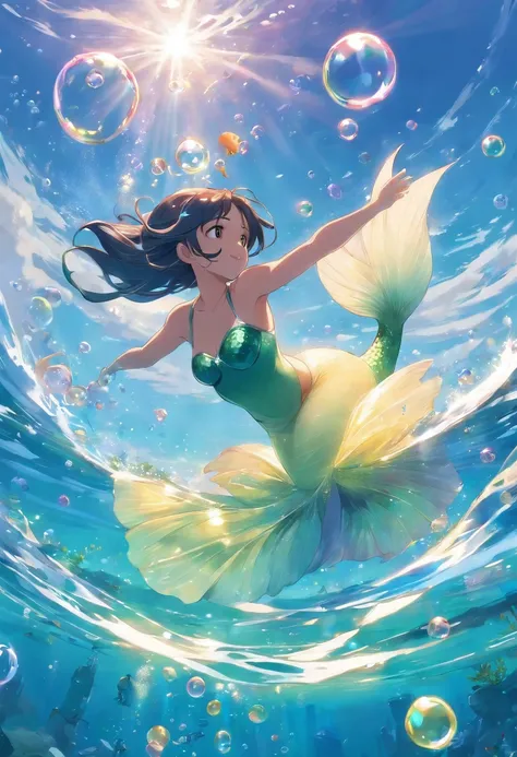 Mermaid princess diving into the sea, changing into bubbles,