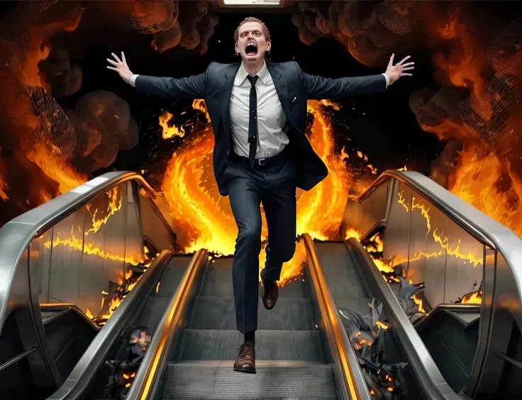 A screaming man in a suit is running up an escalator in the midst of flames and  multiple demons.