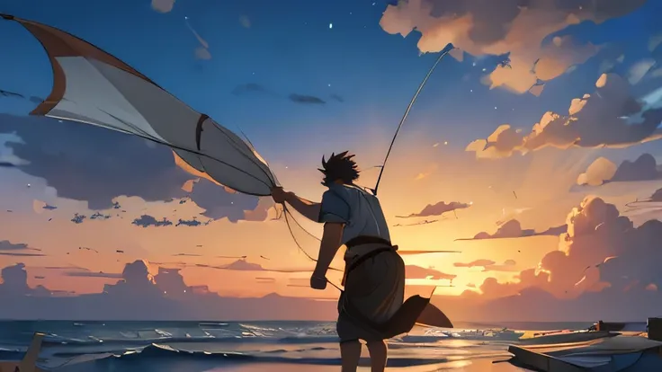 Man fishing with a cast net that you have caught some fish in the sea, men in ancient brown Greek clothing from the 1st century BC, ultra realistic anime drawing style. in the middle of the sea on wooden boat, in the night